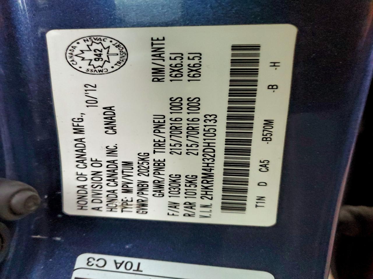 2013 Honda Cr-V Lx VIN: 2HKRM4H32DH105133 Lot: 90266095