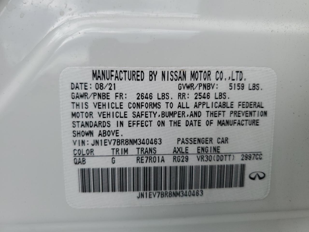 2022 Infiniti Q50 Luxe VIN: JN1EV7BR8NM340463 Lot: 92601055