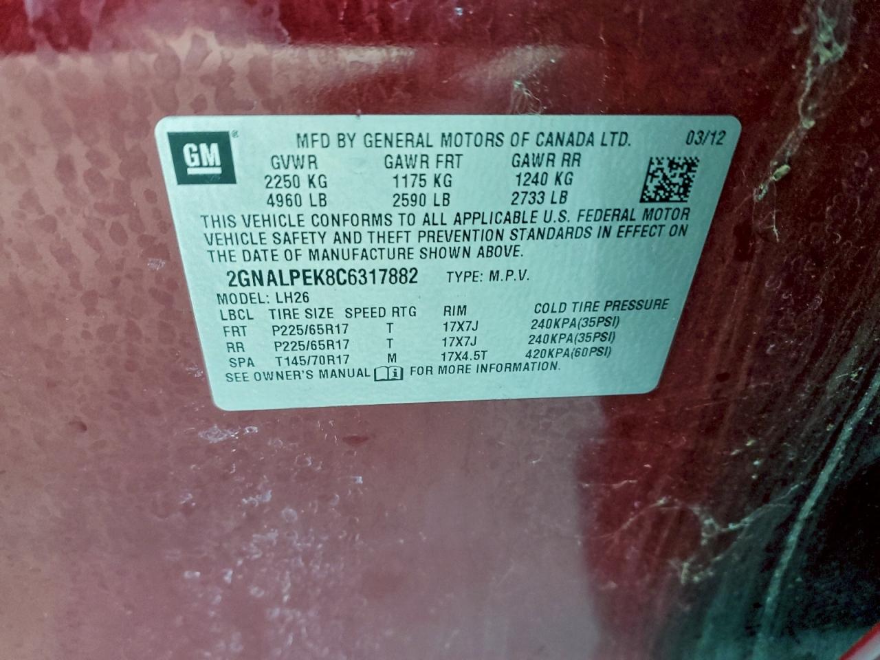 2012 Chevrolet Equinox Lt VIN: 2GNALPEK8C6317882 Lot: 94174105