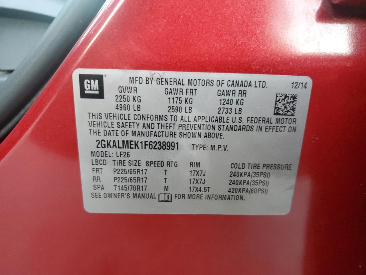 2015 GMC Terrain Sle VIN: 2GKALMEK1F6238991 Lot: 91217175