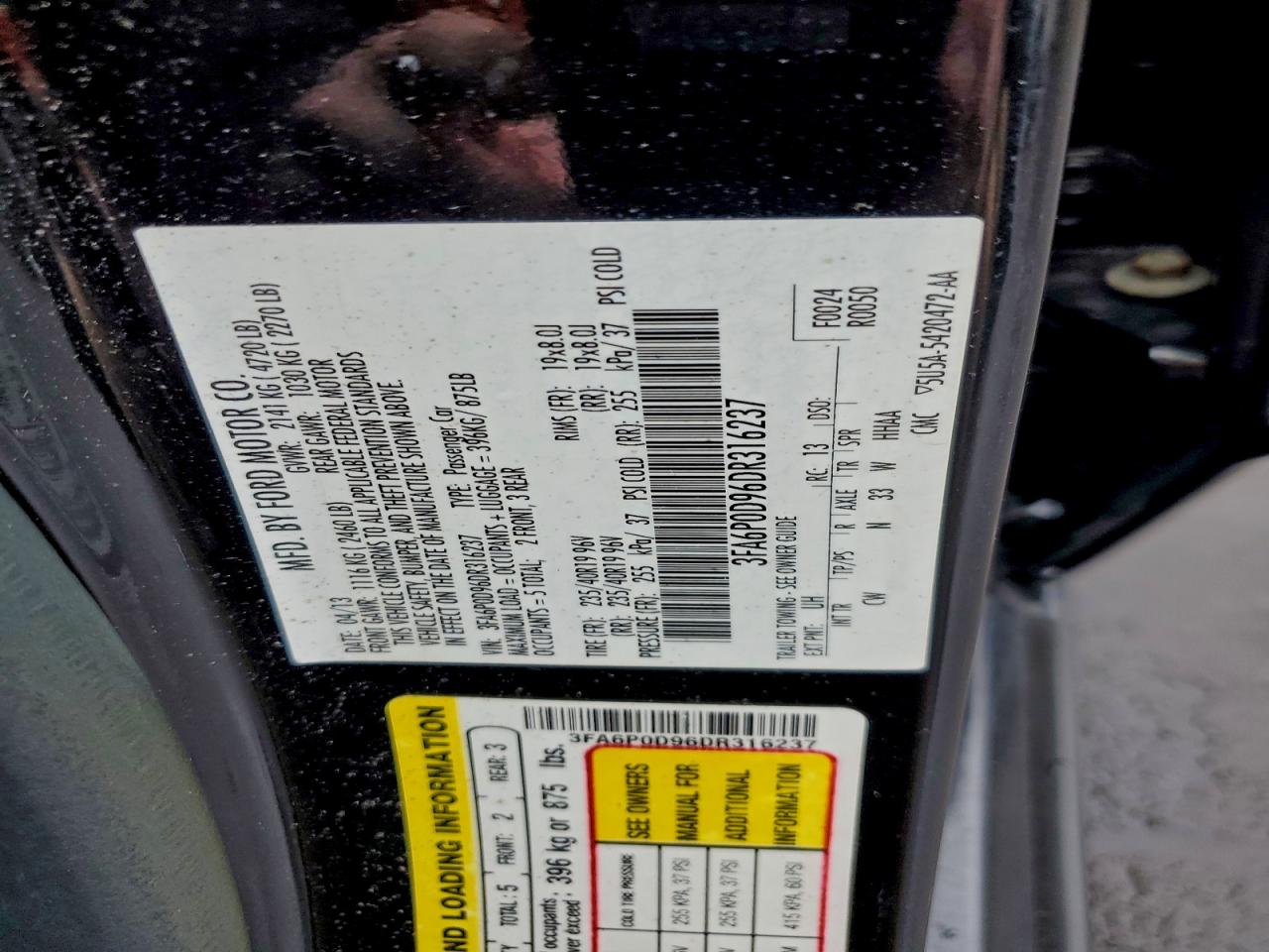 2013 Ford Fusion Titanium VIN: 3FA6P0D96DR316237 Lot: 87182395