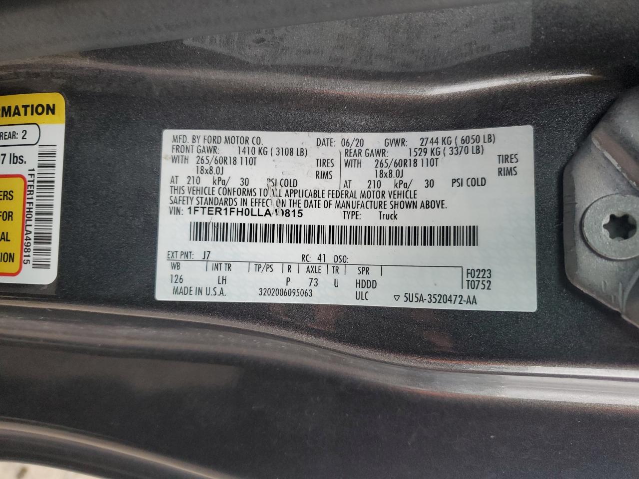 2020 Ford Ranger Xl VIN: 1FTER1FH0LLA49815 Lot: 93038505