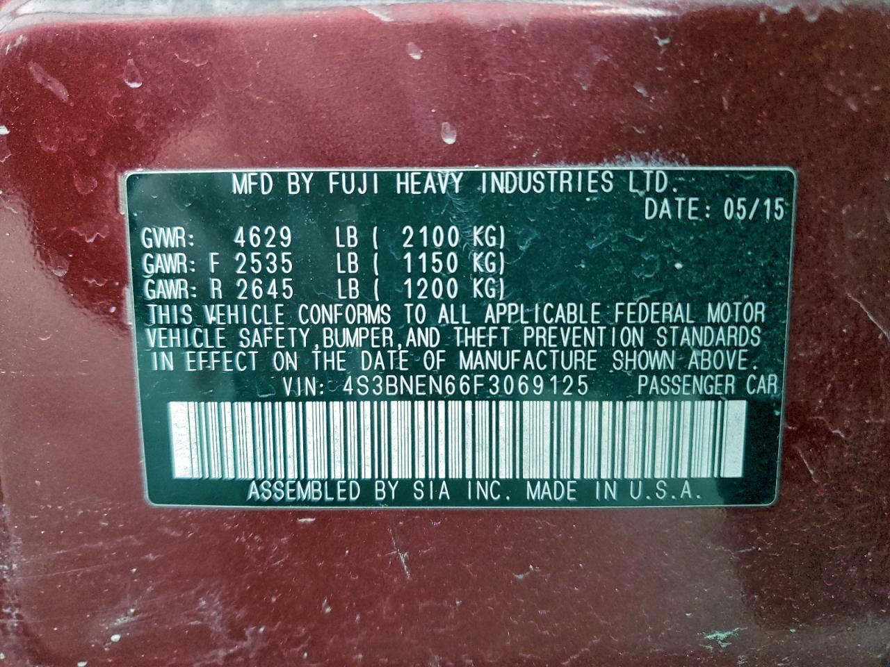 2015 Subaru Legacy 3.6R Limited VIN: 4S3BNEN66F3069125 Lot: 94068545