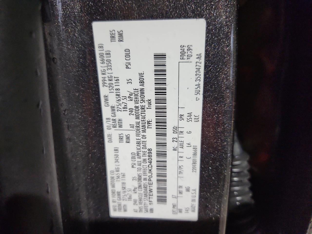 2018 Ford F150 Supercrew VIN: 1FTEW1EP0JKD40898 Lot: 93282655