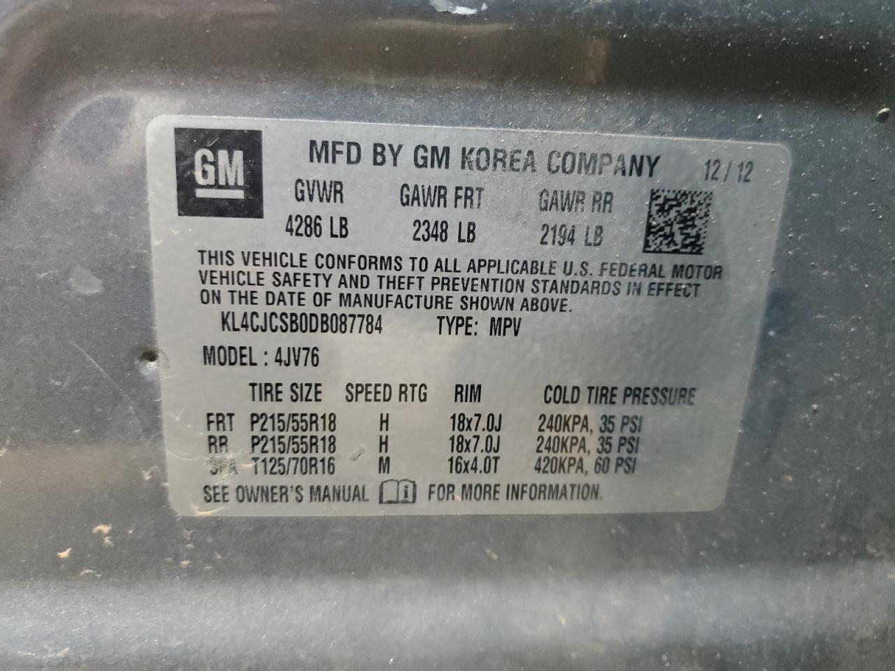 2013 Buick Encore VIN: KL4CJCSB0DB087784 Lot: 93837565