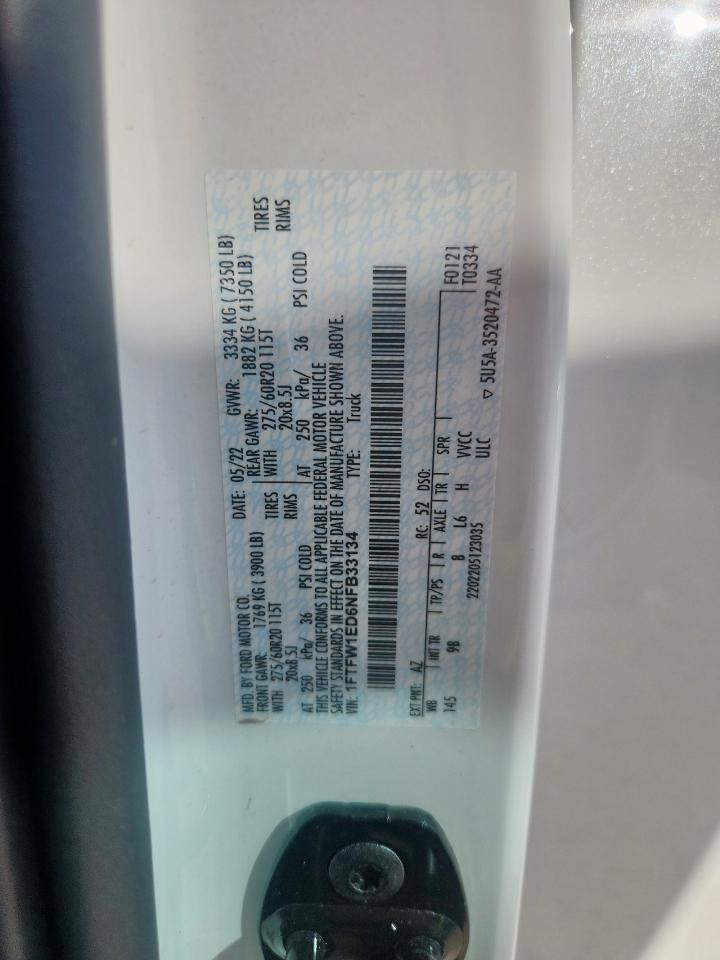 2022 Ford F150 Supercrew VIN: 1FTFW1ED6NFB33134 Lot: 91299725