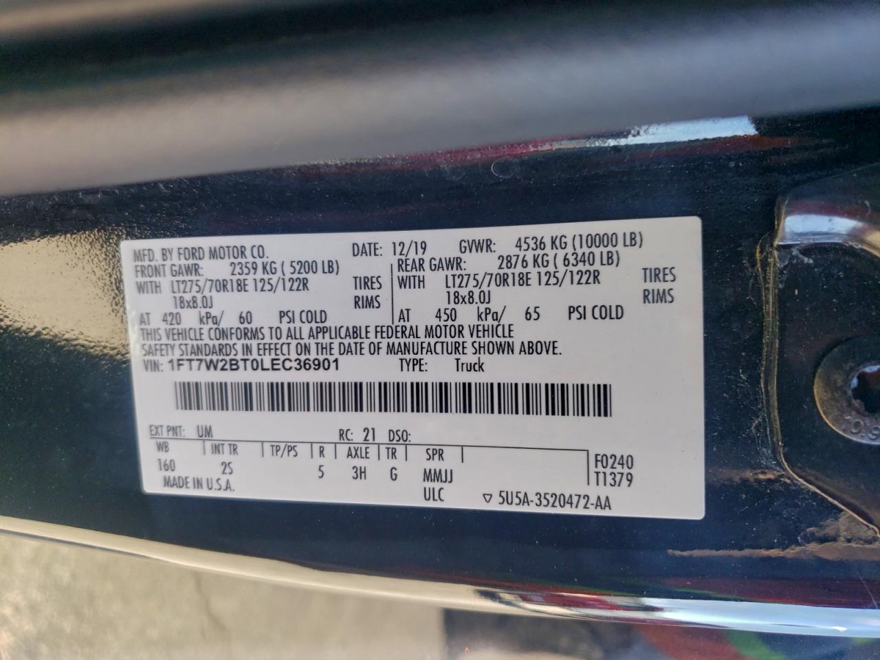 2020 Ford F250 Super Duty VIN: 1FT7W2BT0LEC36901 Lot: 93320335