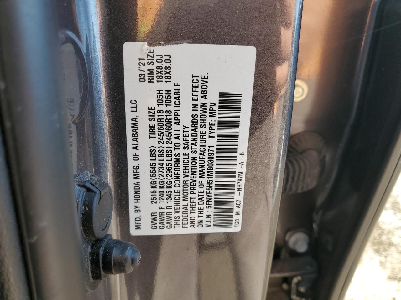 2021 Honda Pilot Exl VIN: 5FNYF5H51MB030971 Lot: 92688045