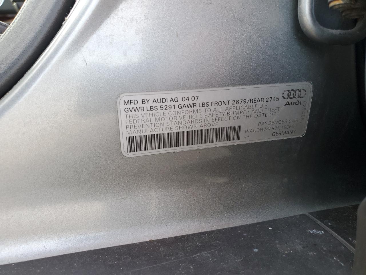 2007 Audi A6 3.2 Quattro VIN: WAUDH74F87N158601 Lot: 93379075