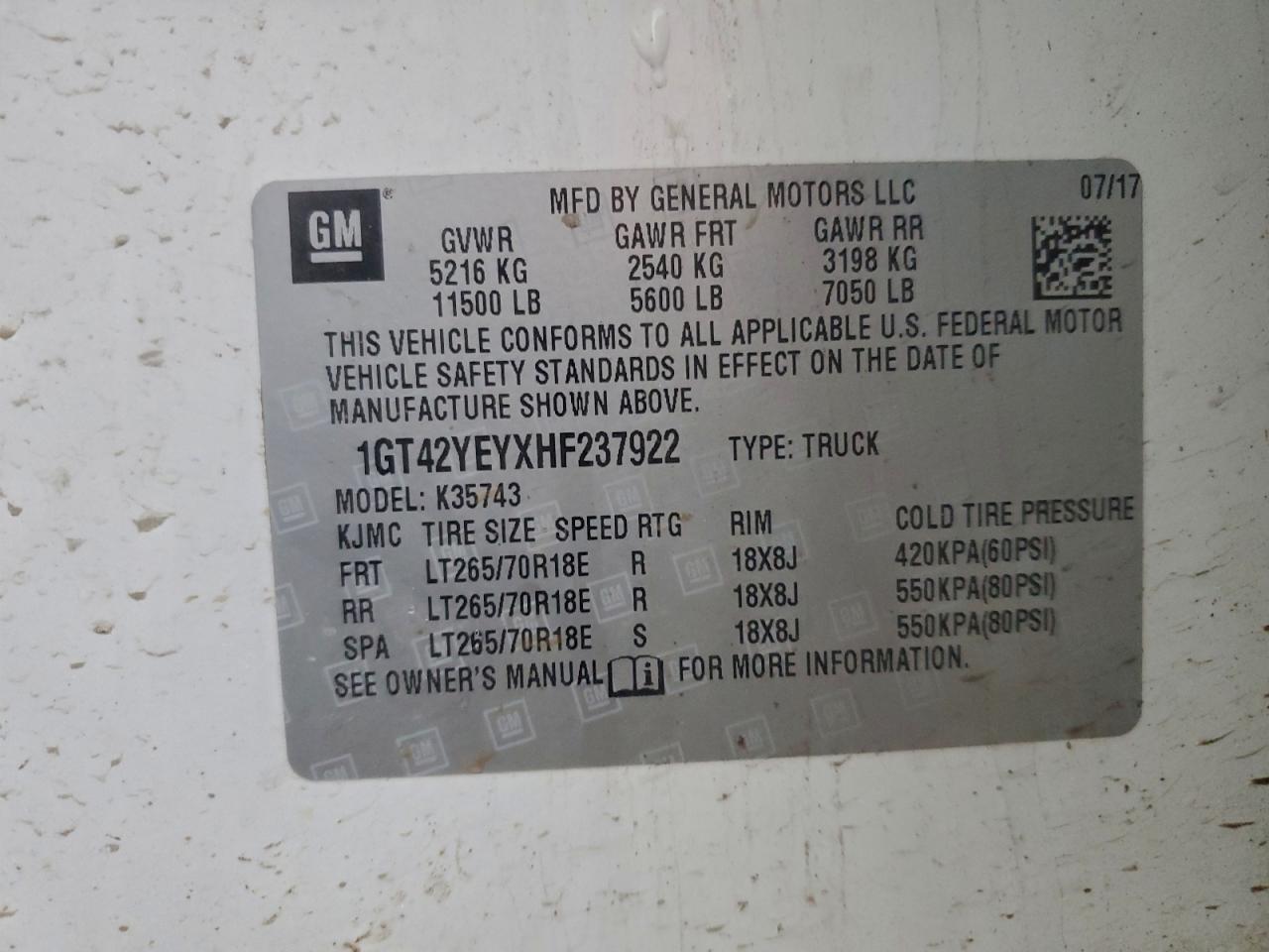 2017 GMC Sierra K3500 Denali VIN: 1GT42YEYXHF237922 Lot: 94275385