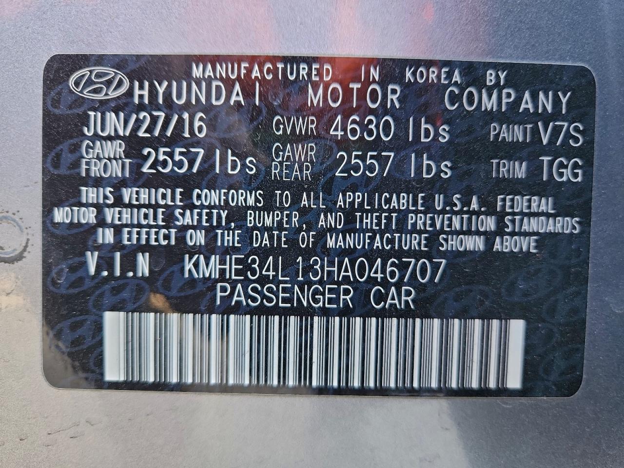 2017 Hyundai Sonata Hybrid VIN: KMHE34L13HA046707 Lot: 94247795
