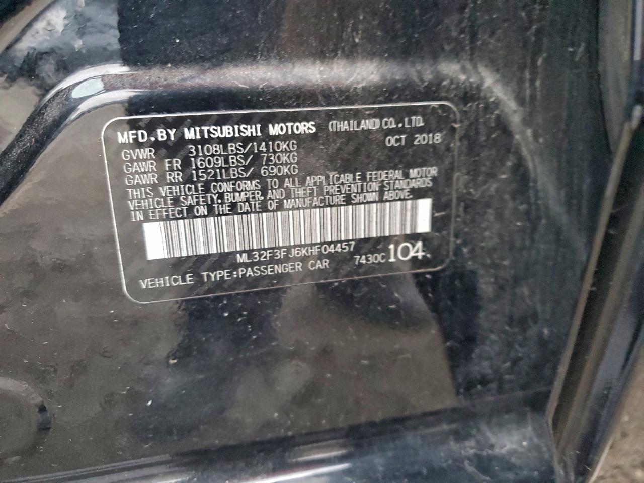 2019 Mitsubishi Mirage G4 Es VIN: ML32F3FJ6KHF04457 Lot: 94225335