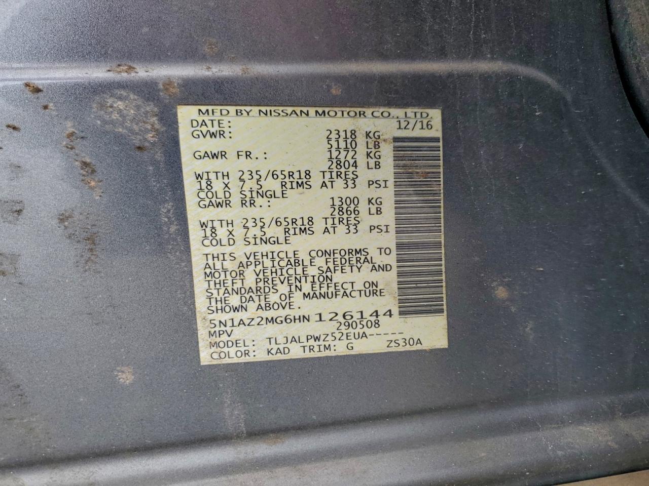 2017 Nissan Murano S VIN: 5N1AZ2MG6HN126144 Lot: 94546505