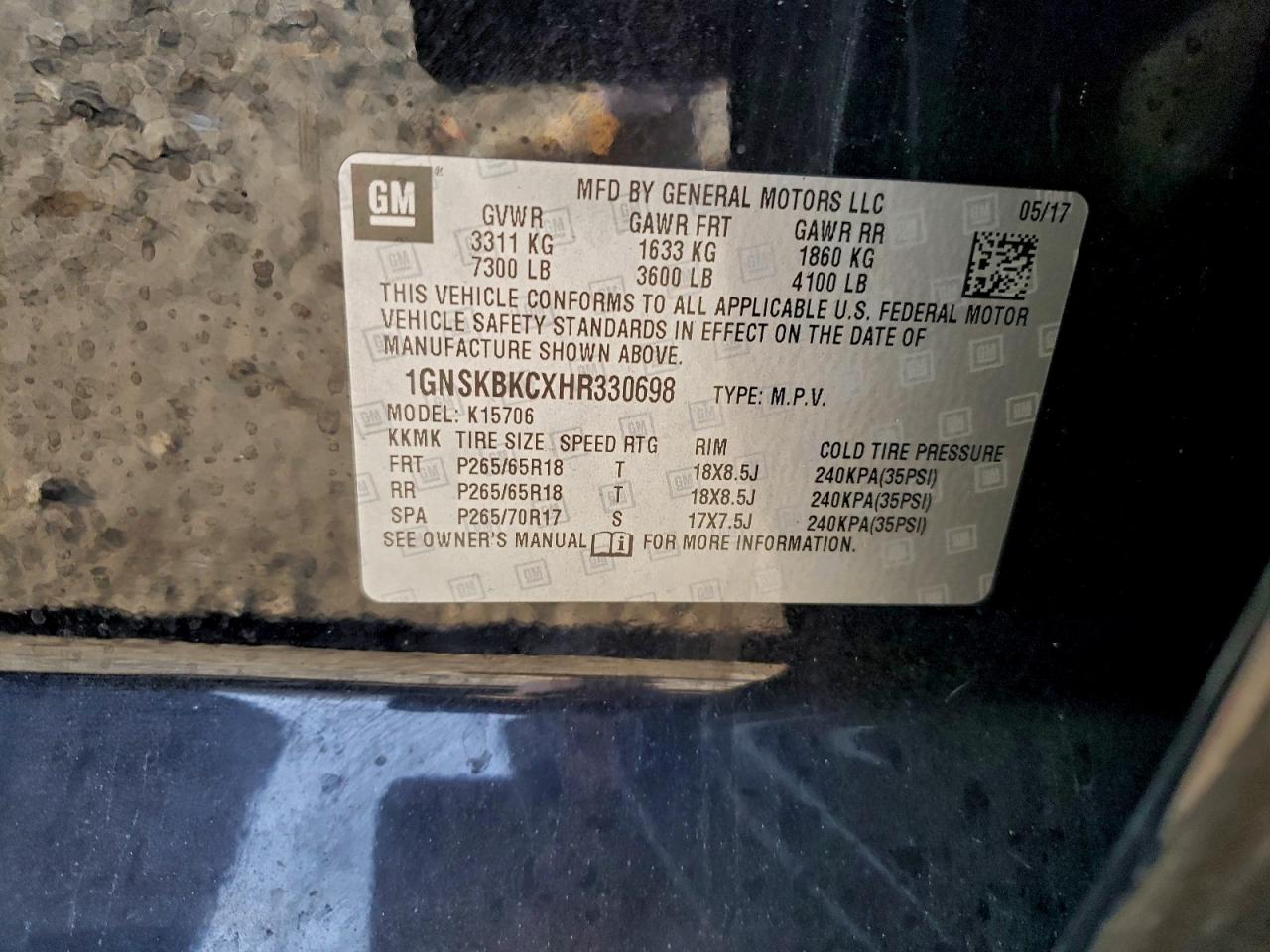 2017 Chevrolet Tahoe K1500 Lt VIN: 1GNSKBKCXHR330698 Lot: 94161215