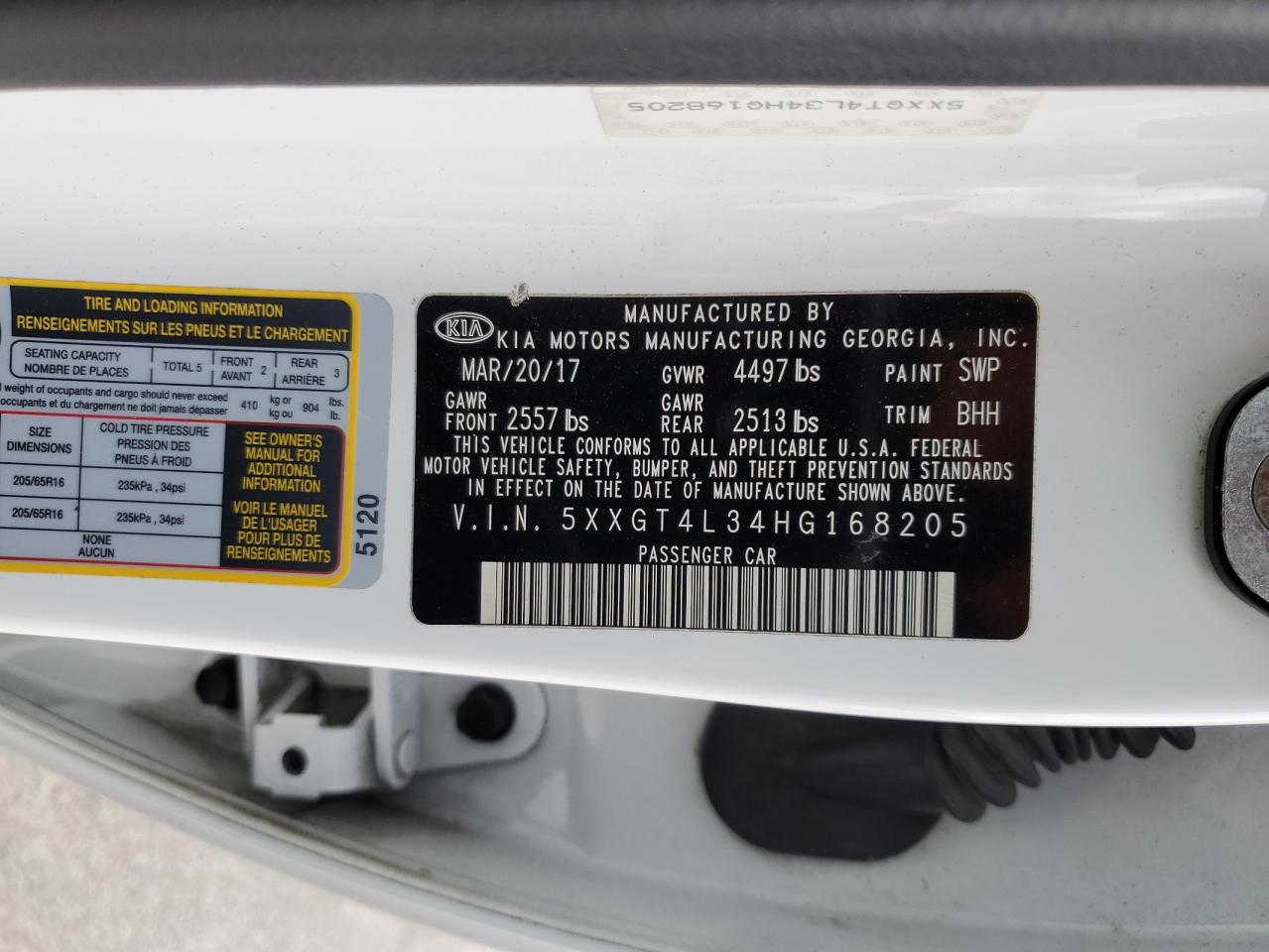 2017 Kia Optima Lx VIN: 5XXGT4L34HG168205 Lot: 92352595