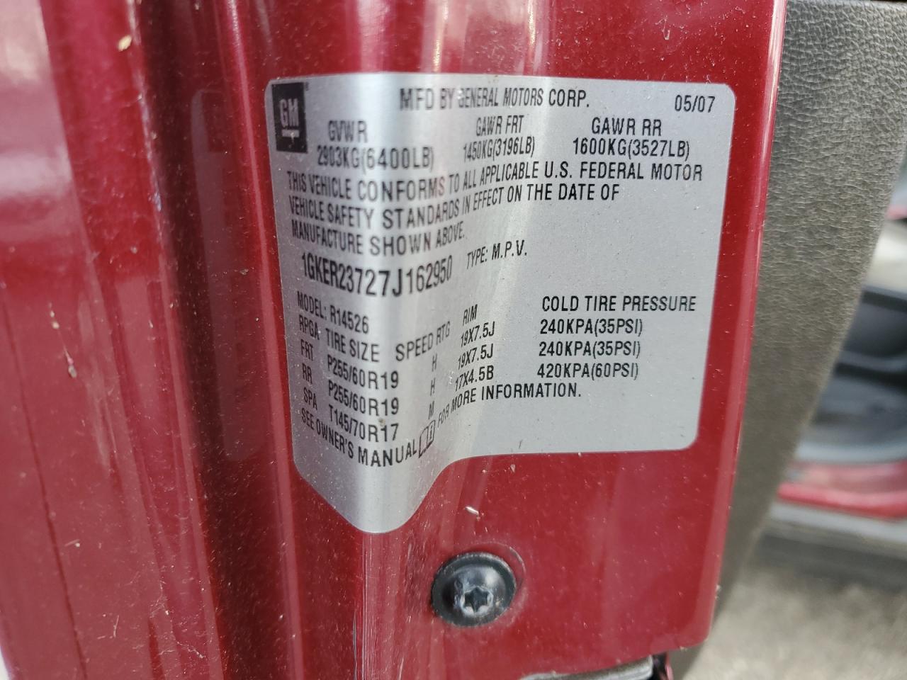 2007 GMC Acadia Slt-1 VIN: 1GKER23727J162950 Lot: 92028425