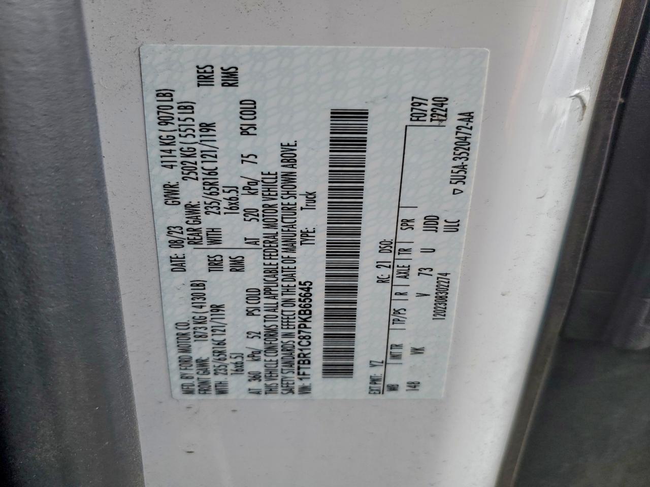 2023 Ford Transit T-250 VIN: 1FTBR1C87PKB65645 Lot: 94093425