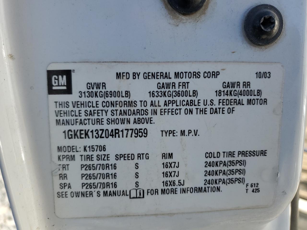 2004 GMC Yukon VIN: 1GKEK13Z04R177959 Lot: 92097745