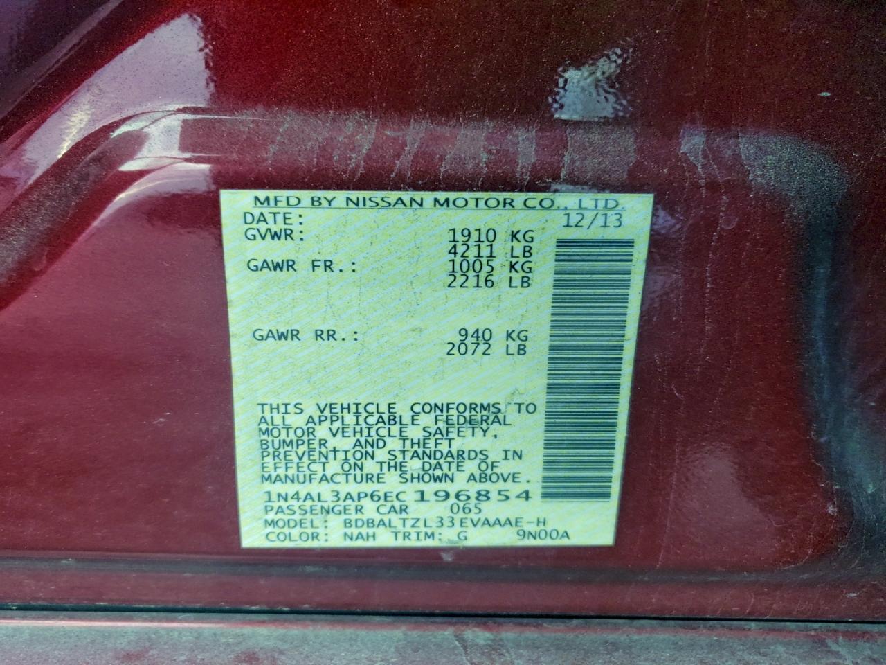 2014 Nissan Altima 2.5 VIN: 1N4AL3AP6EC196854 Lot: 94250655