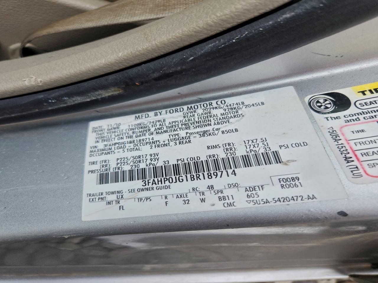 2011 Ford Fusion Sel VIN: 3FAHP0JG1BR189714 Lot: 94250565