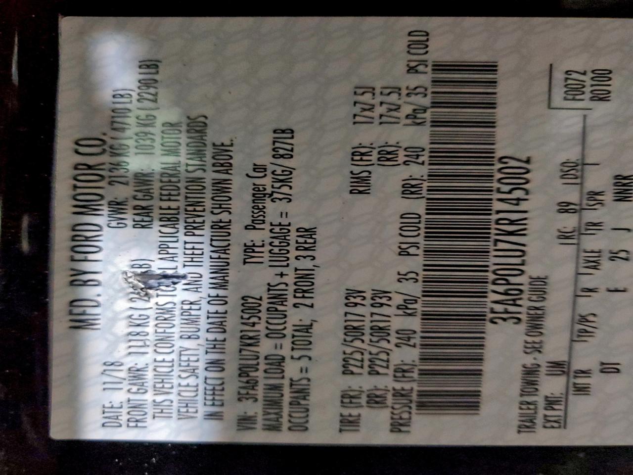 2019 Ford Fusion Se VIN: 3FA6P0LU7KR145002 Lot: 94438725