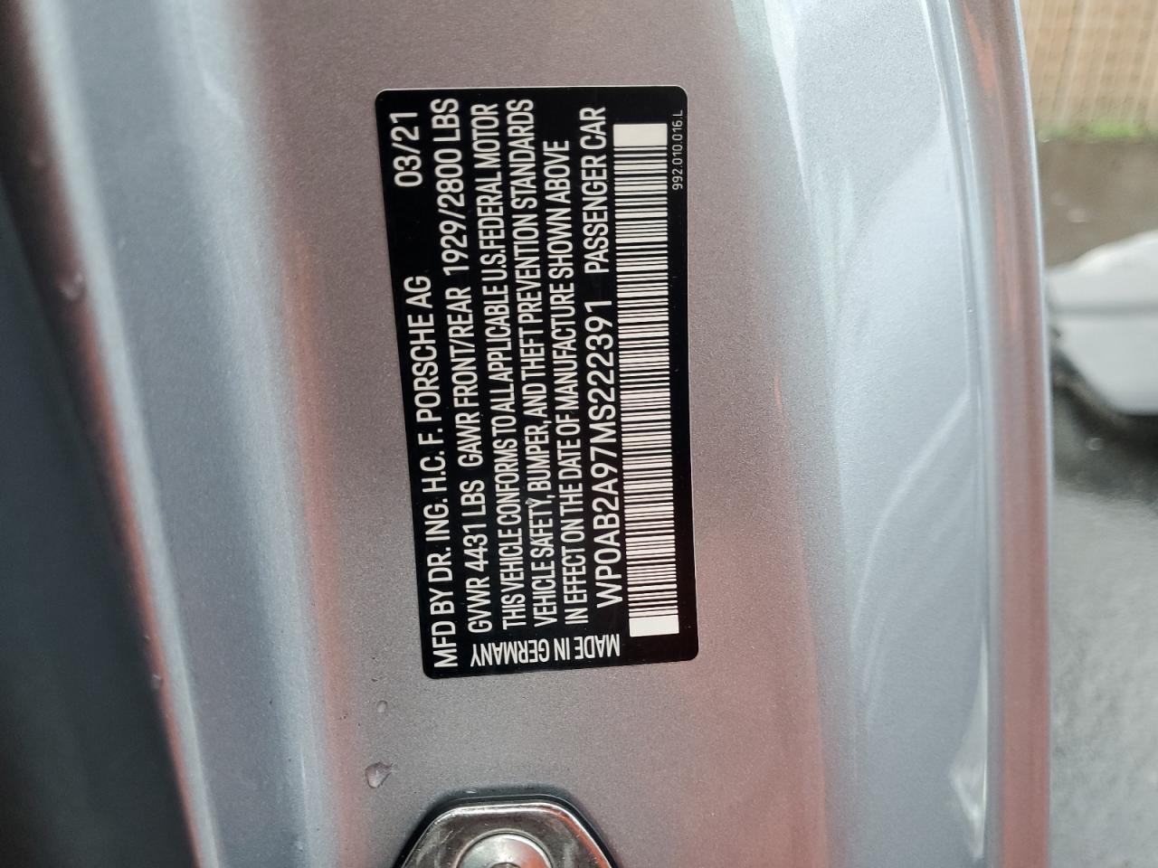 2021 Porsche 911 Carrera S VIN: WP0AB2A97MS222391 Lot: 93472135