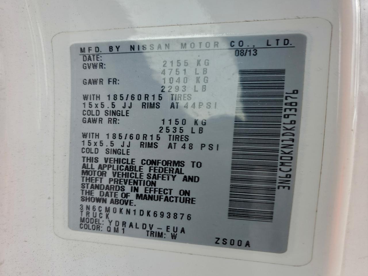 2013 Nissan Nv200 2.5S VIN: 3N6CM0KN1DK693876 Lot: 94310055