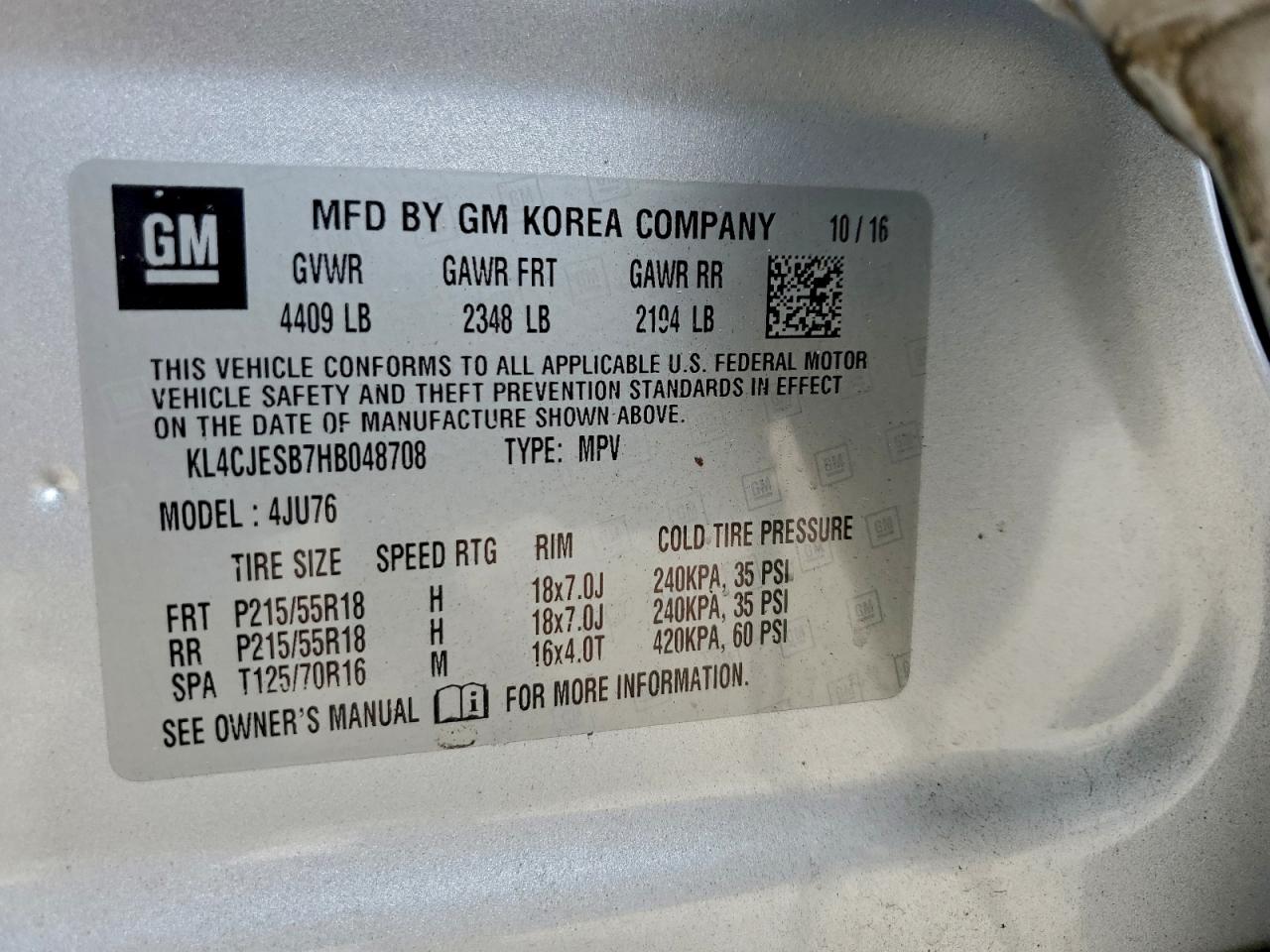 2017 Buick Encore Preferred VIN: KL4CJESB7HB048708 Lot: 93899355