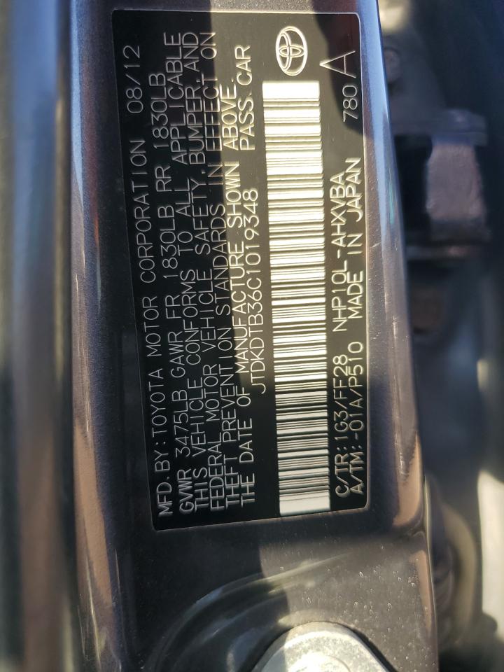 2012 Toyota Prius C VIN: JTDKDTB36C1019348 Lot: 92116255