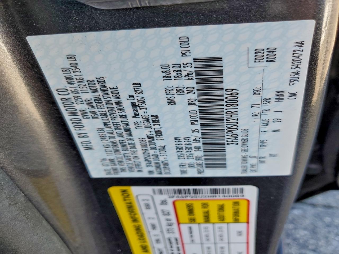 2017 Ford Fusion Titanium Phev VIN: 3FA6P0SU2HR180069 Lot: 93822995