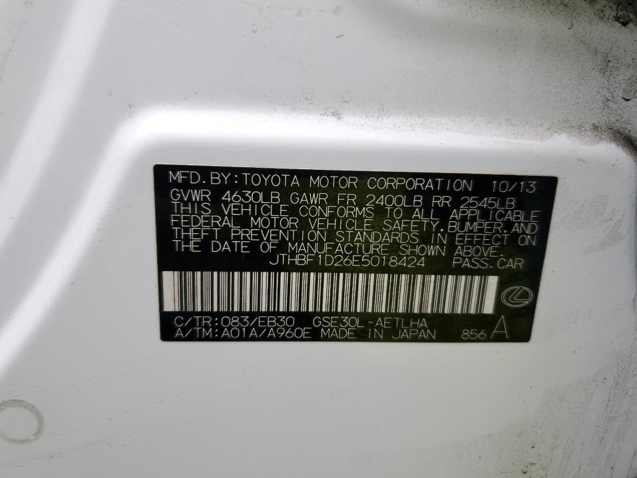 2014 Lexus Is 250 VIN: JTHBF1D26E5018424 Lot: 93557515