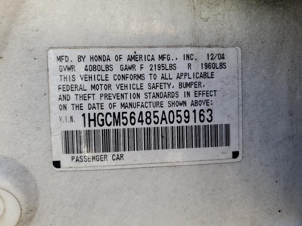 2005 Honda Accord Lx VIN: 1HGCM56485A059163 Lot: 90089735