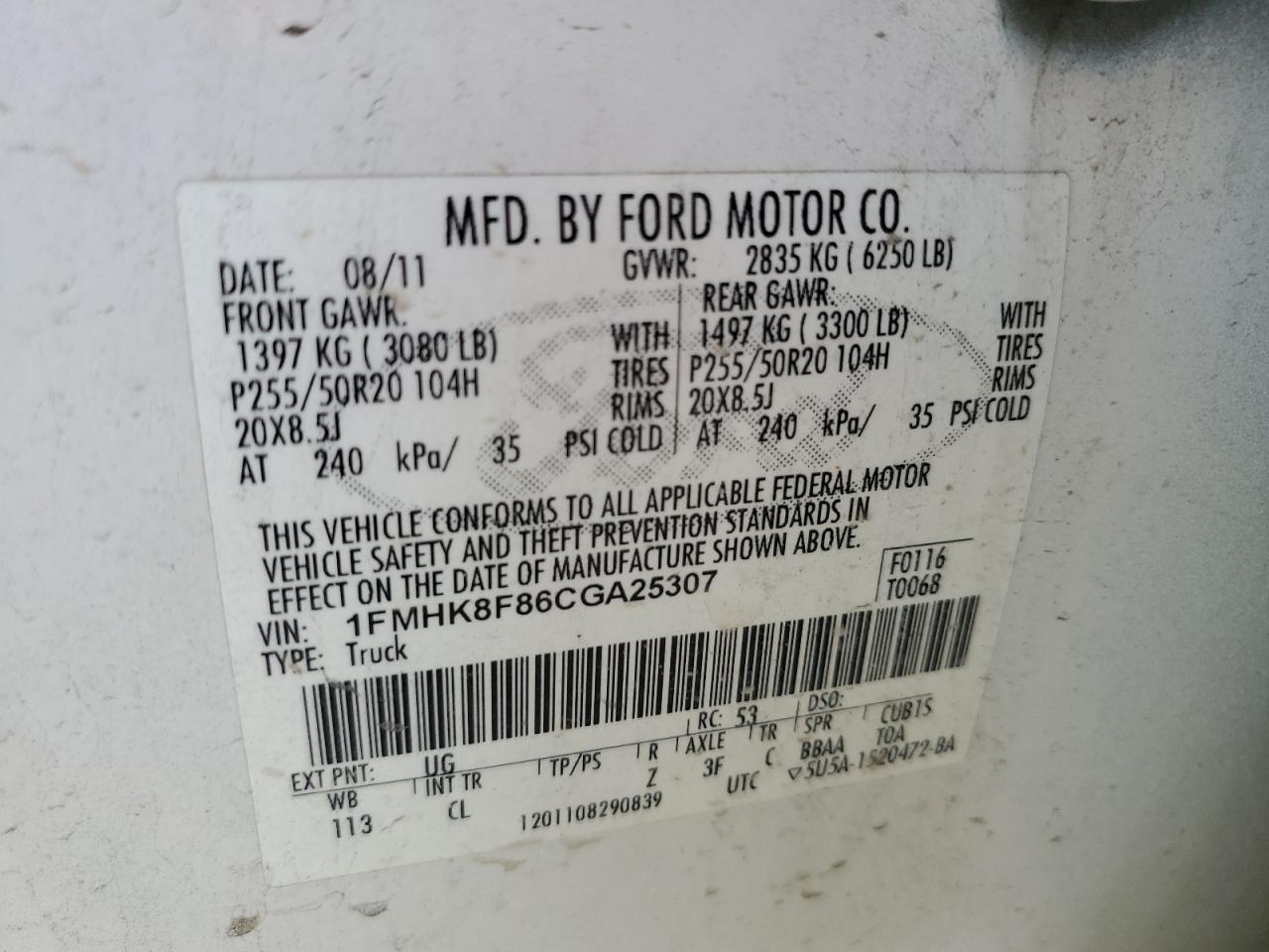 2012 Ford Explorer Limited VIN: 1FMHK8F86CGA25307 Lot: 91710565