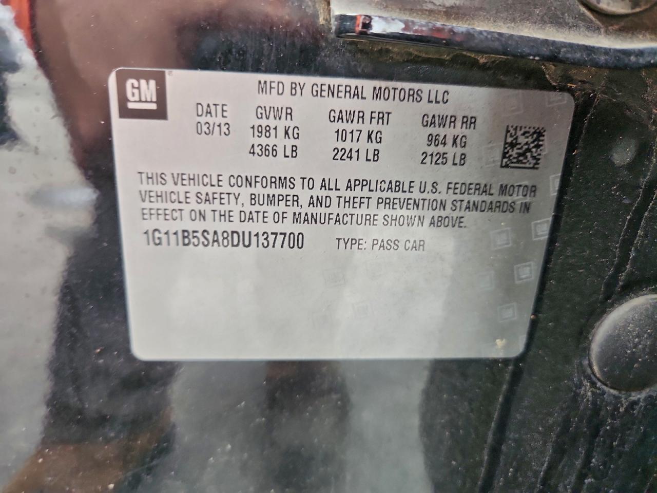 2013 Chevrolet Malibu Ls VIN: 1G11B5SA8DU137700 Lot: 93812295