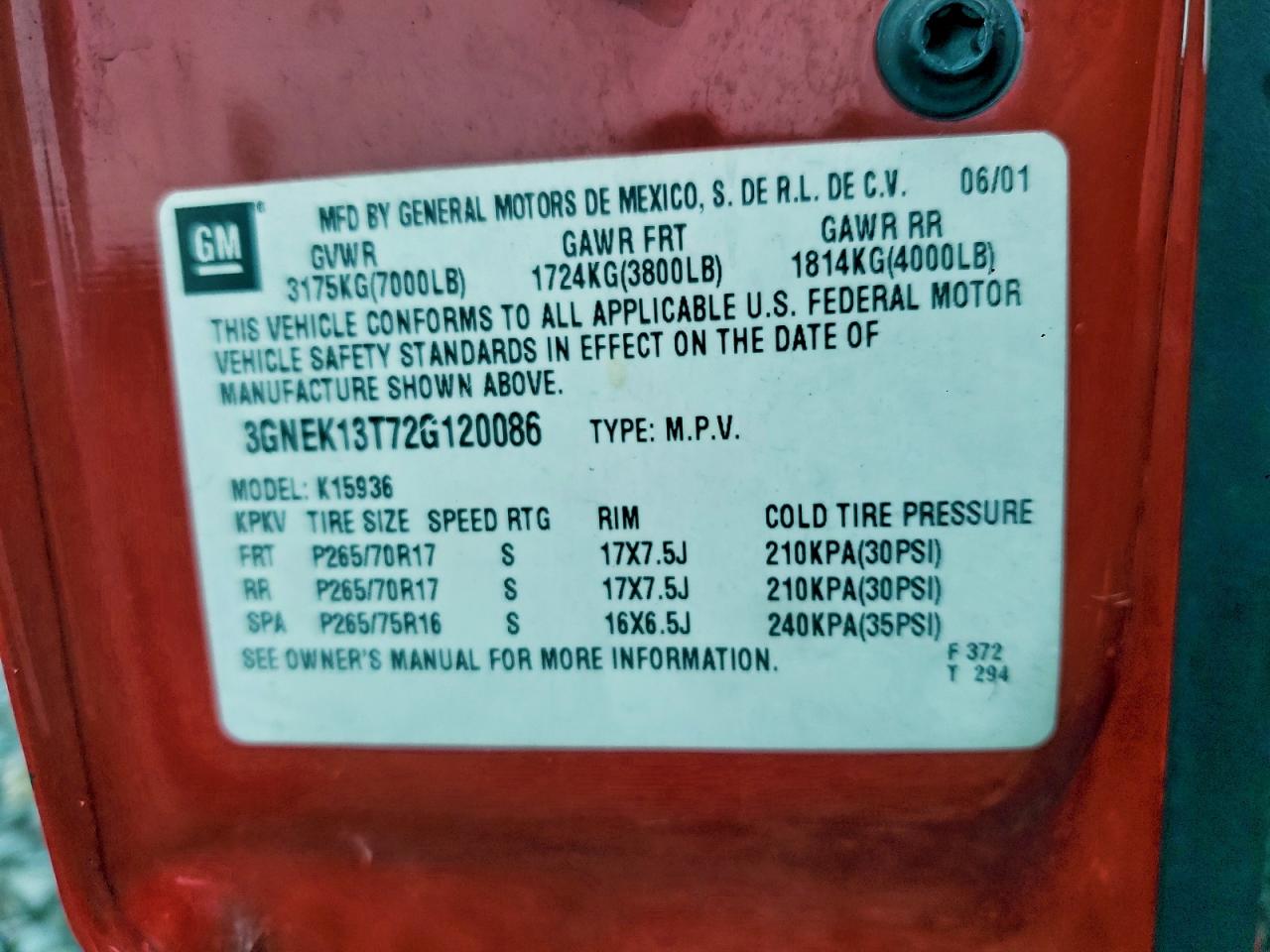 2002 Chevrolet Avalanche K1500 VIN: 3GNEK13T72G120086 Lot: 94025765