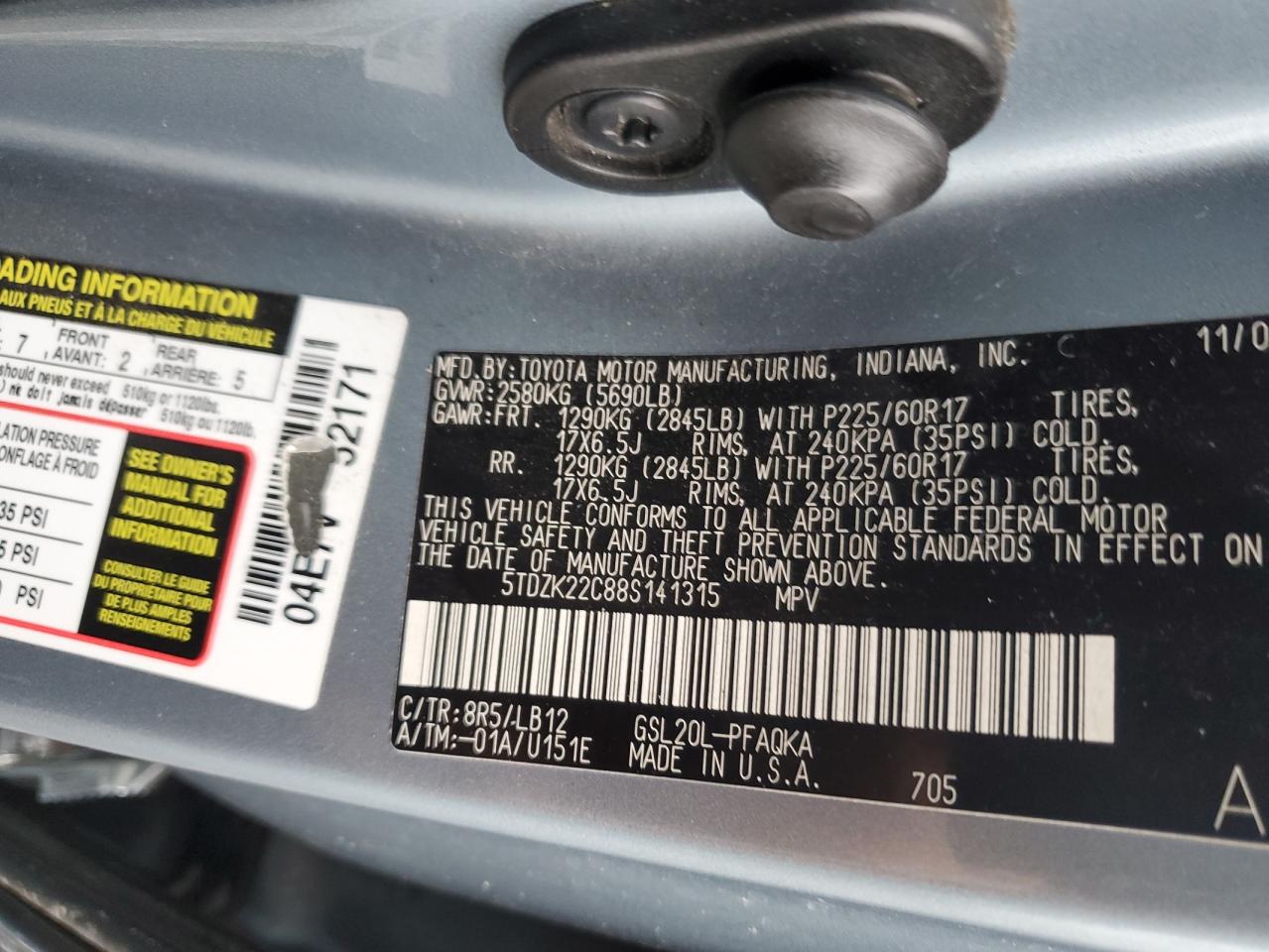 2008 Toyota Sienna Xle VIN: 5TDZK22C88S141315 Lot: 92648955