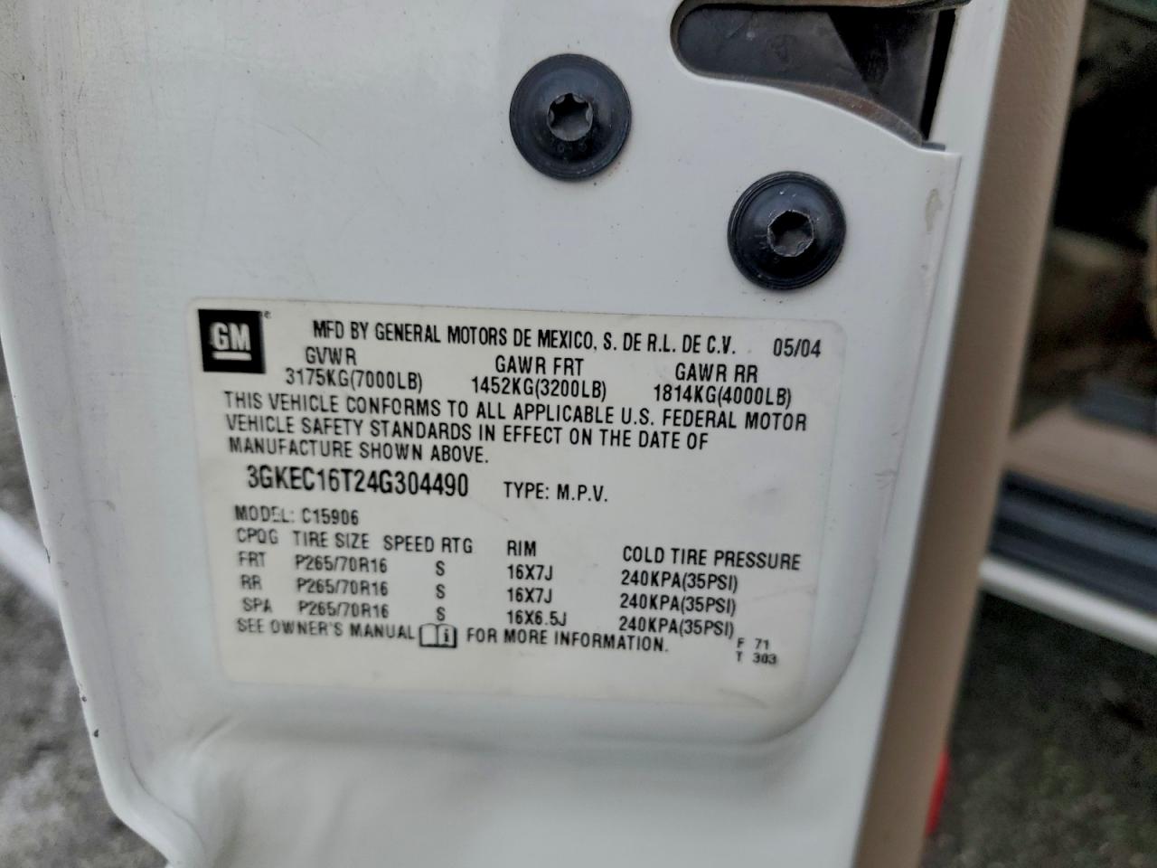 2004 GMC Yukon Xl C1500 VIN: 3GKEC16T24G304490 Lot: 93634855