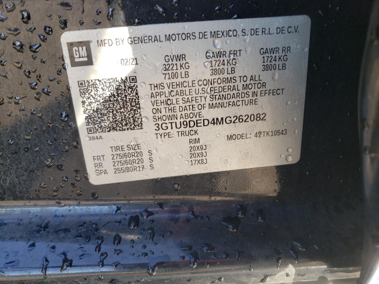 2021 GMC Sierra K1500 Slt VIN: 3GTU9DED4MG262082 Lot: 92624315