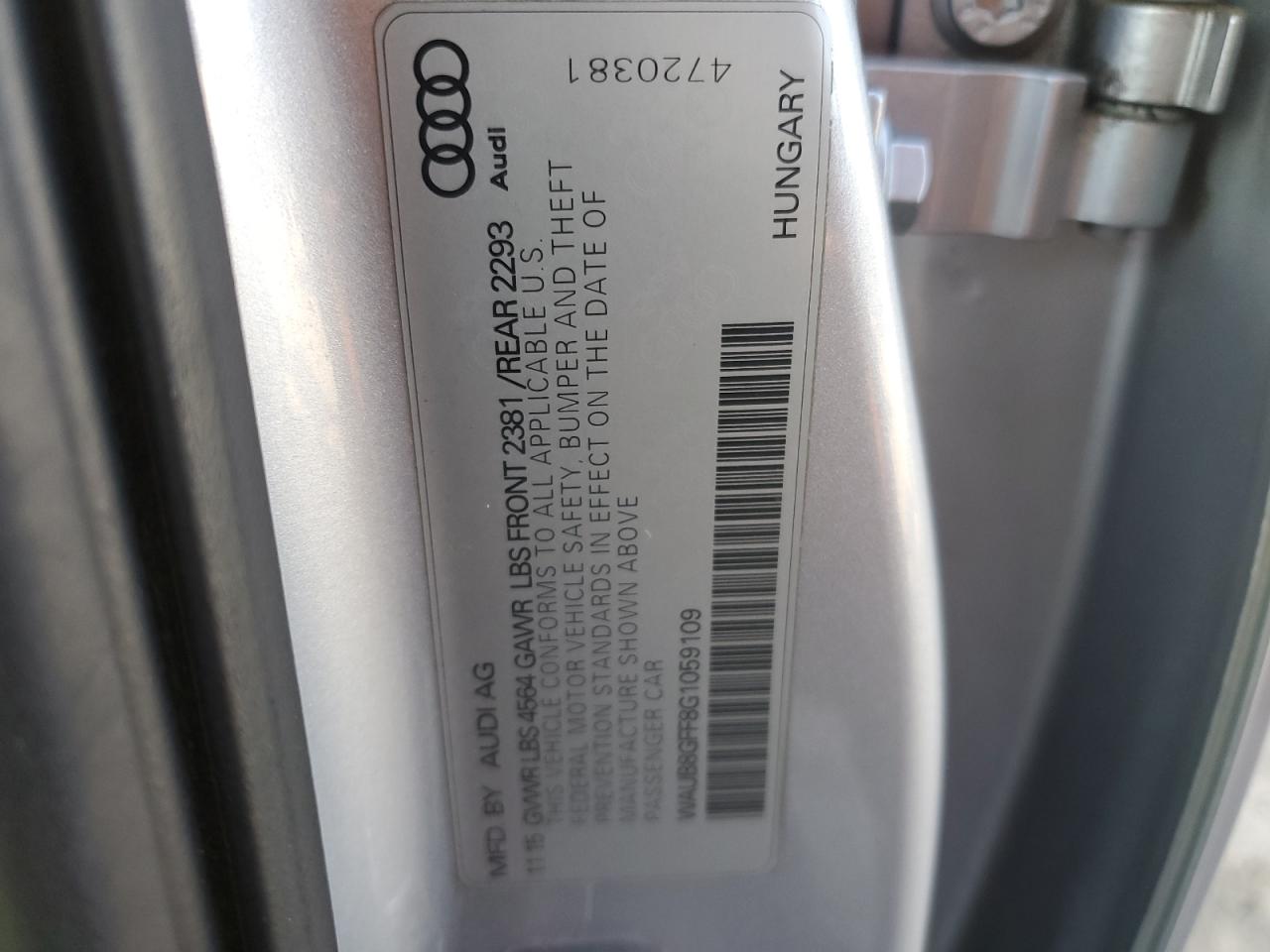 2016 Audi A3 Premium VIN: WAUB8GFF8G1059109 Lot: 92701845