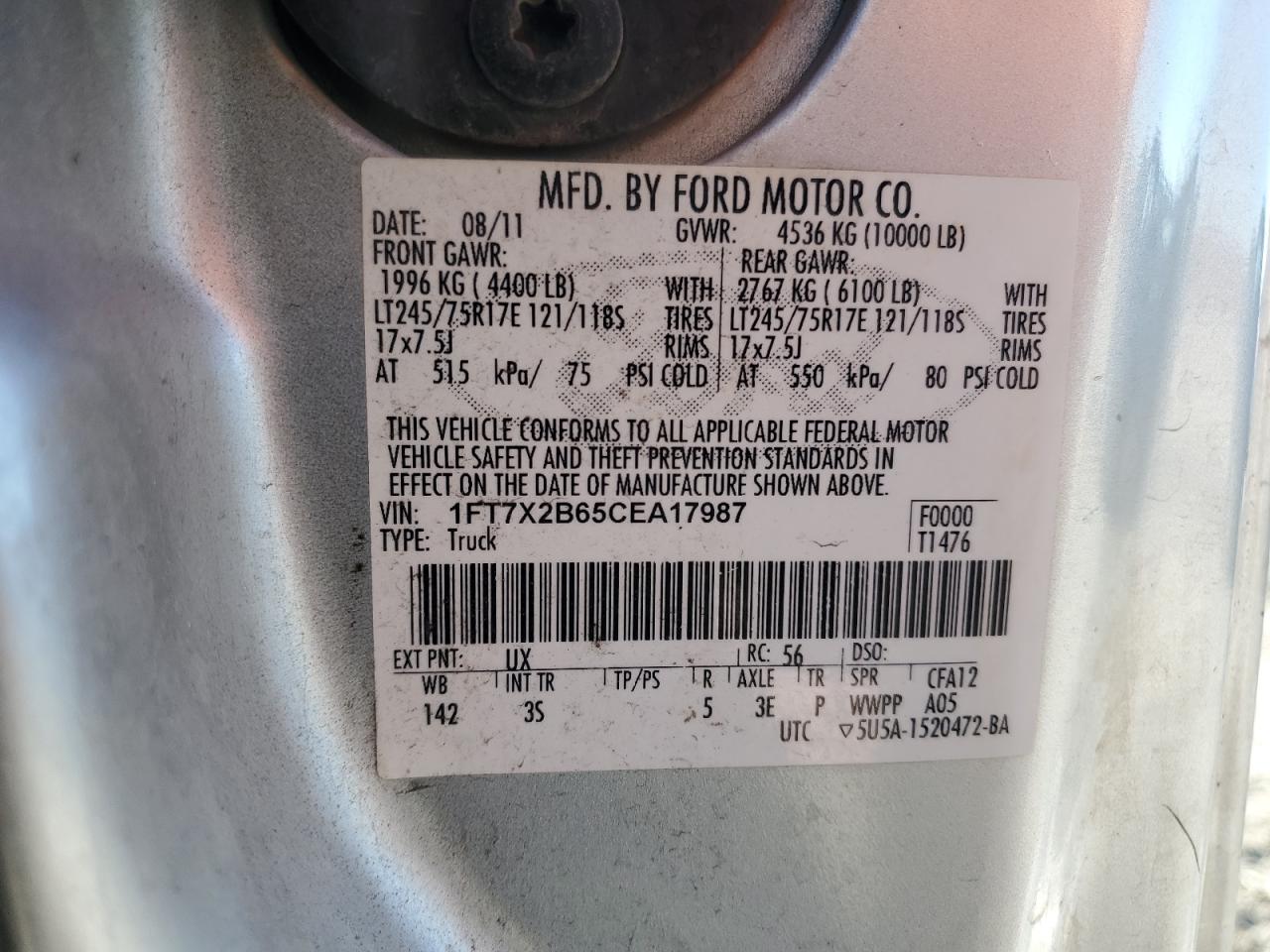 2012 Ford F250 Super Duty VIN: 1FT7X2B65CEA17987 Lot: 92427165