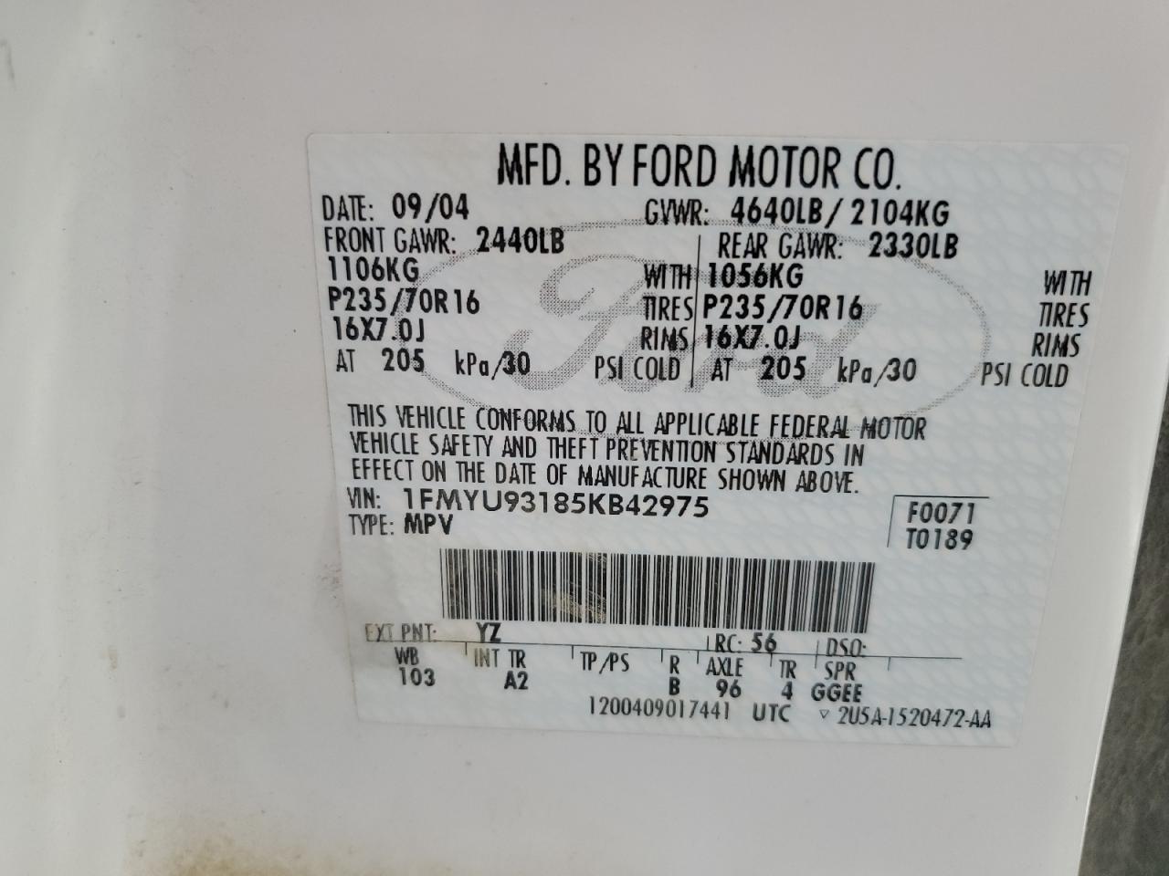 2005 Ford Escape Xlt VIN: 1FMYU93185KB42975 Lot: 85422795