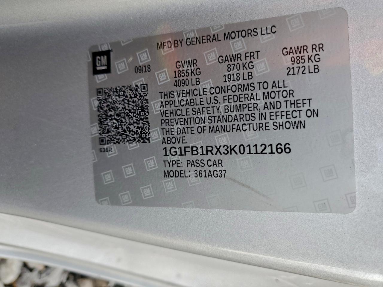 2019 Chevrolet Camaro Ls VIN: 1G1FB1RX3K0112166 Lot: 93915705