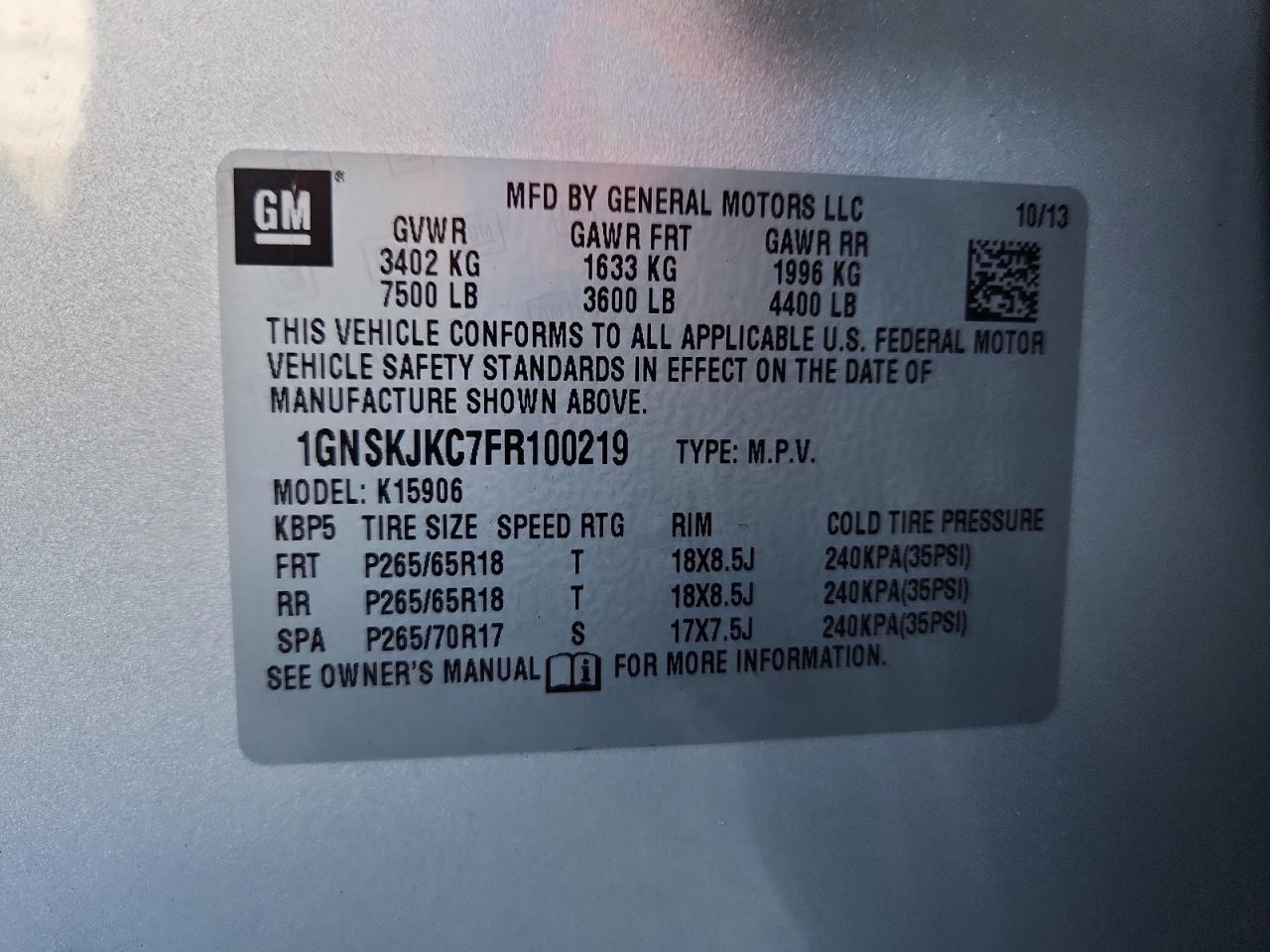 2015 Chevrolet Suburban K1500 Lt VIN: 1GNSKJKC7FR100219 Lot: 93210085