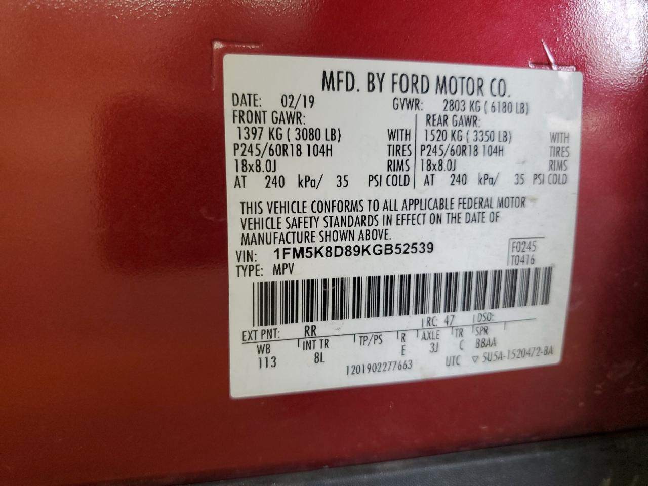 2019 Ford Explorer Xlt VIN: 1FM5K8D89KGB52539 Lot: 93334545