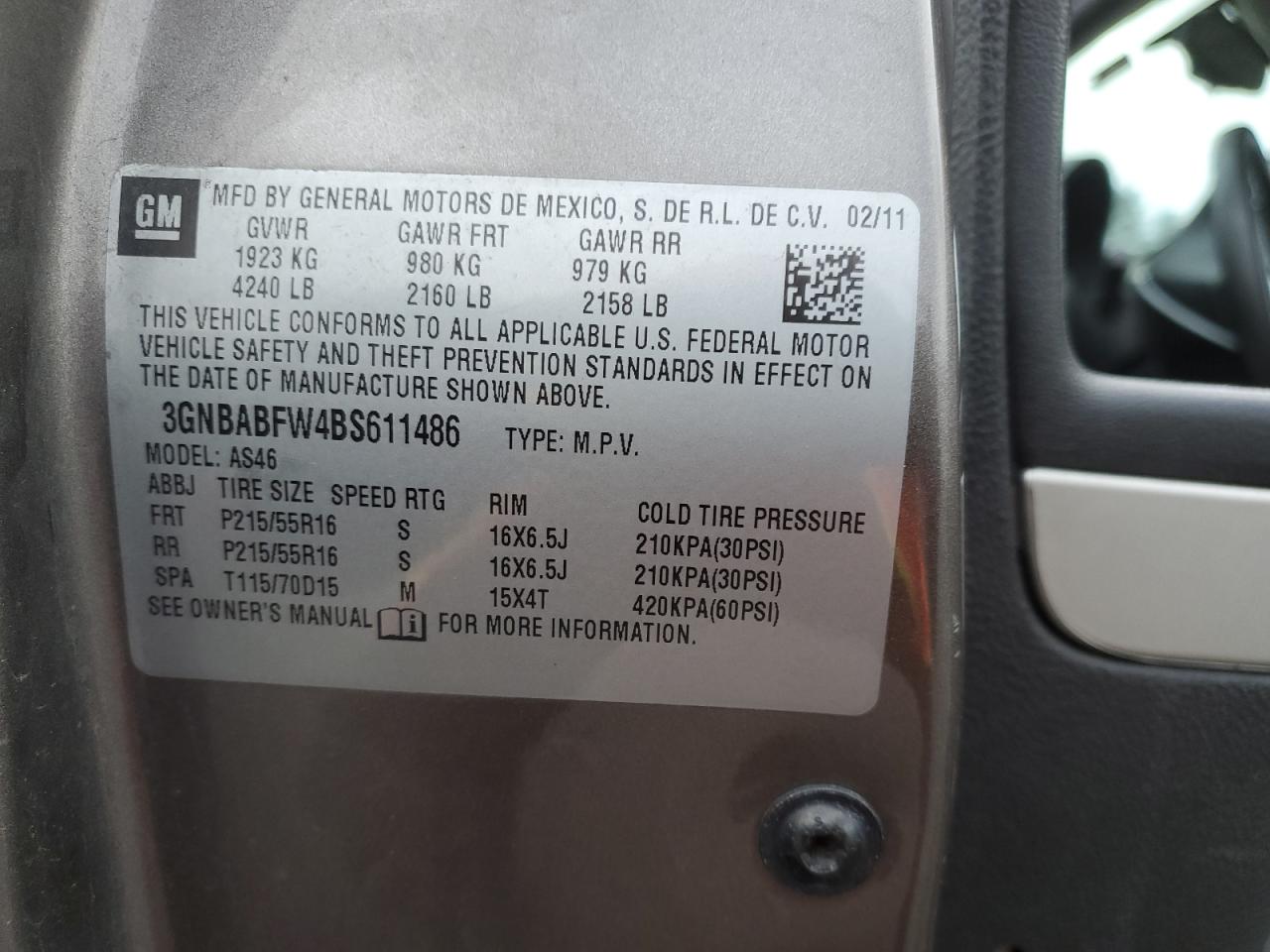 2011 Chevrolet Hhr Lt VIN: 3GNBABFW4BS611486 Lot: 91683785