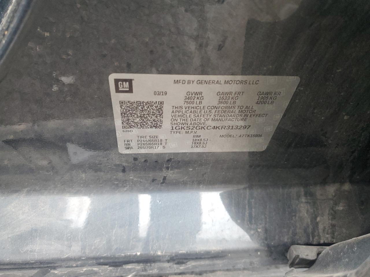 2019 GMC Yukon Xl K1500 Slt VIN: 1GKS2GKC4KR313297 Lot: 91657025