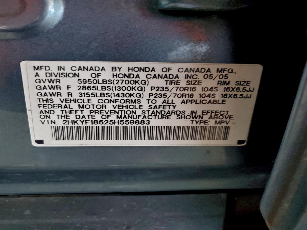 2005 Honda Pilot Exl VIN: 2HKYF18625H559883 Lot: 94317165