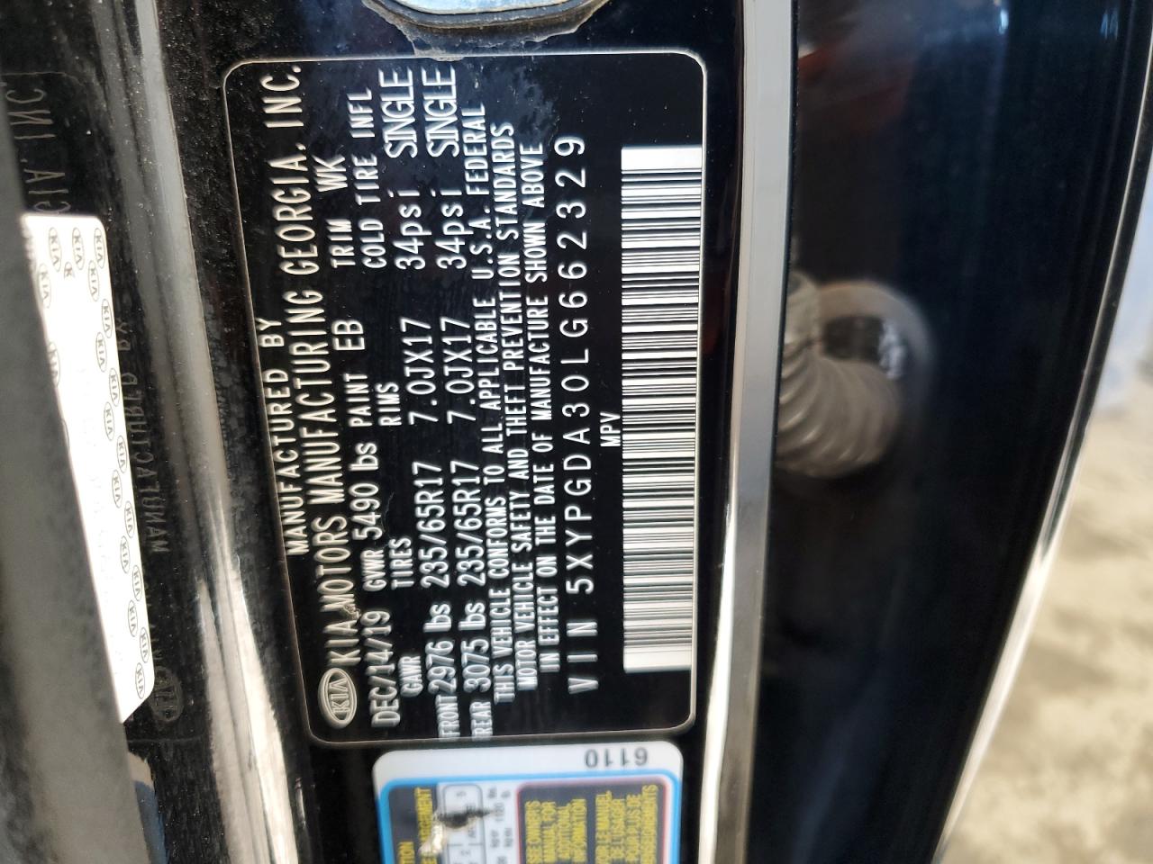 2020 Kia Sorento L VIN: 5XYPGDA30LG662329 Lot: 90905485