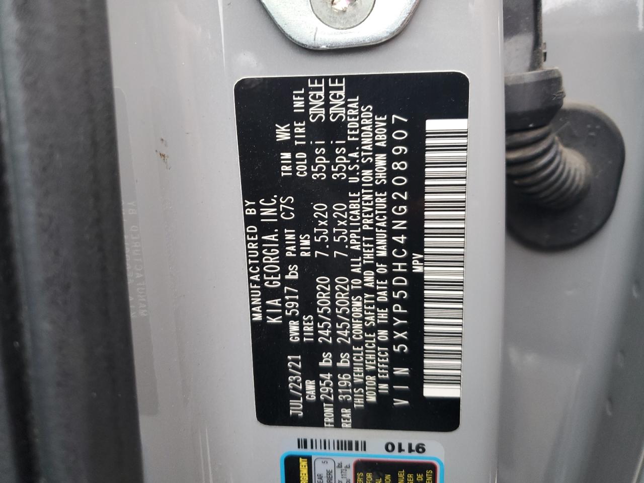 2022 Kia Telluride Sx VIN: 5XYP5DHC4NG208907 Lot: 92999195