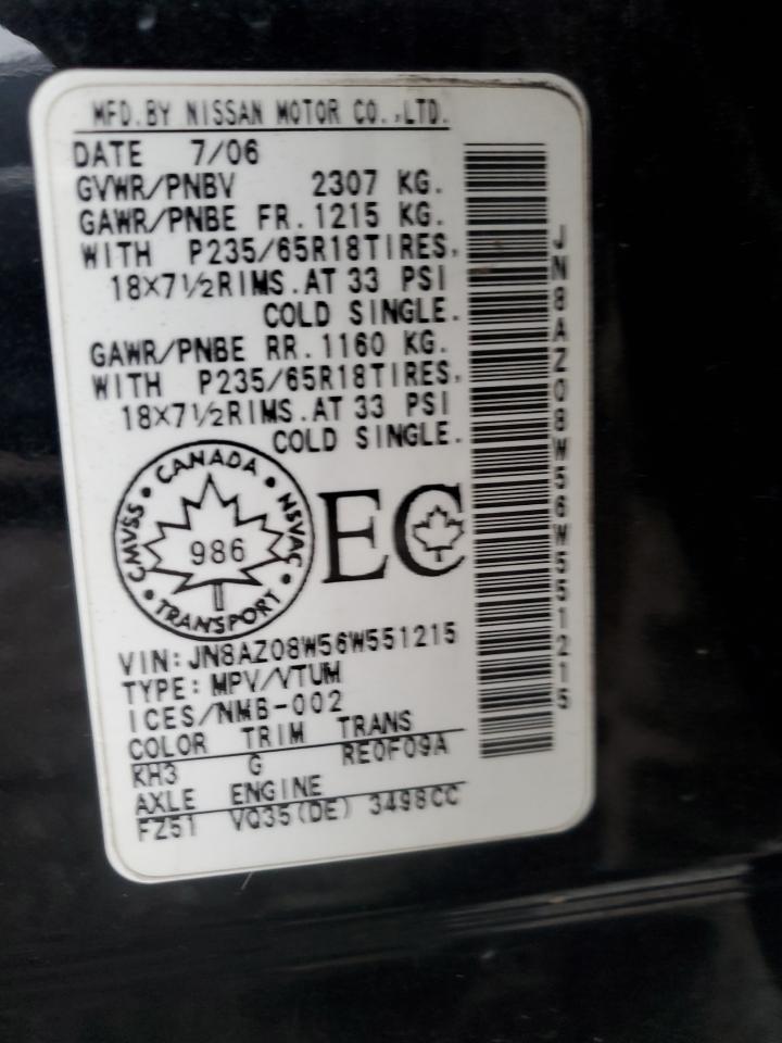 2006 Nissan Murano Sl VIN: JN8AZ08W56W551215 Lot: 90990185